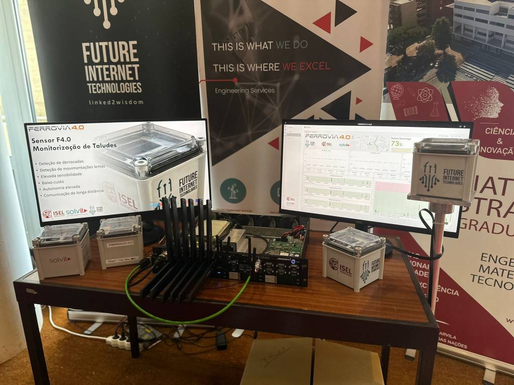 Two screens with a presentation. Sensors and a gateway below